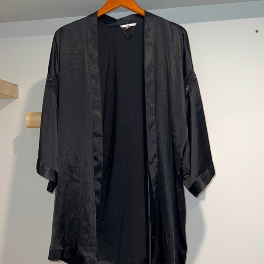 Victoria’s Secret black satin silky robe‎ with lace arms